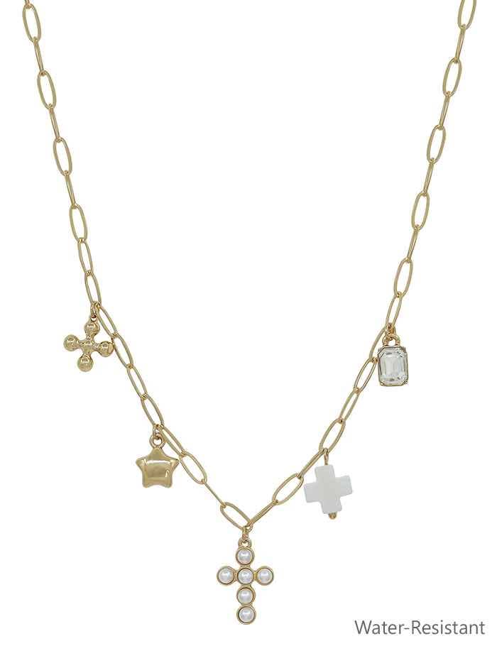 Water Resistant Gold Chain with Cross. Charms
