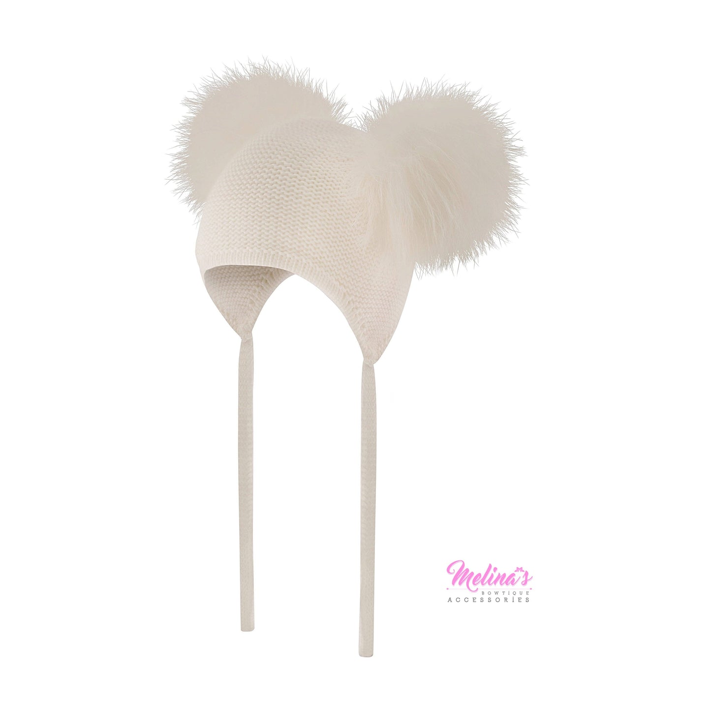 Cream Double Pom Angora Waffle Tie Hat