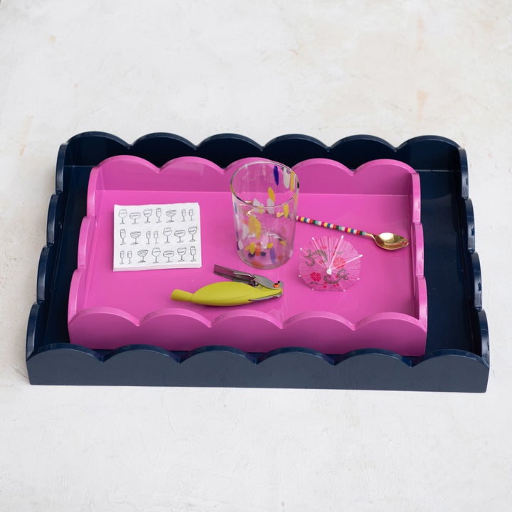 Personalized Lacquered Scalloped Tray w/ Handles, Fuchsia Color