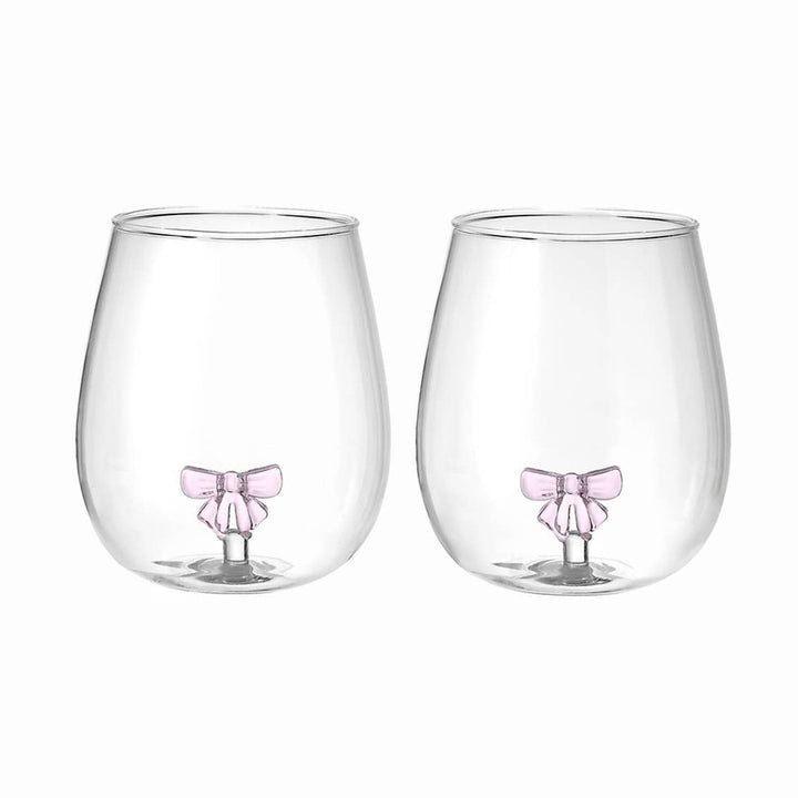 Runway Coquette Bow Stemless Glass Set of Two Blush