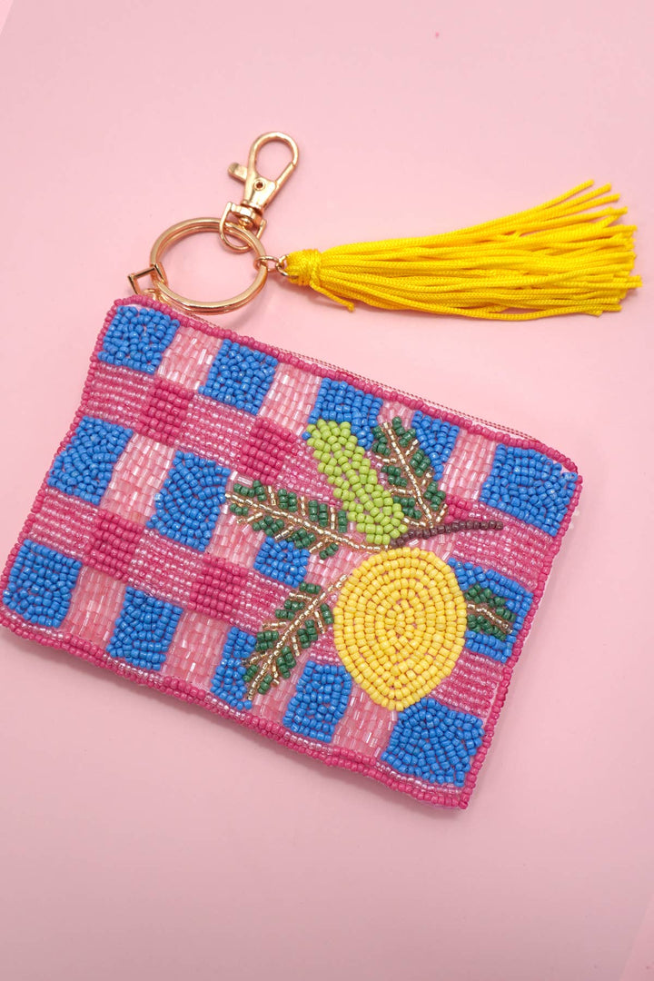 Checker Fruit Seed Bead Coin Tassel Purse