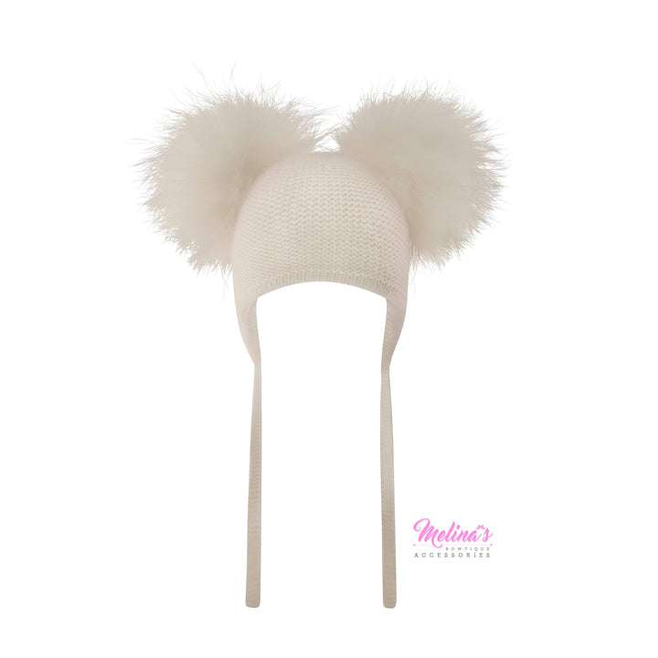 Cream Double Pom Angora Waffle Tie Hat