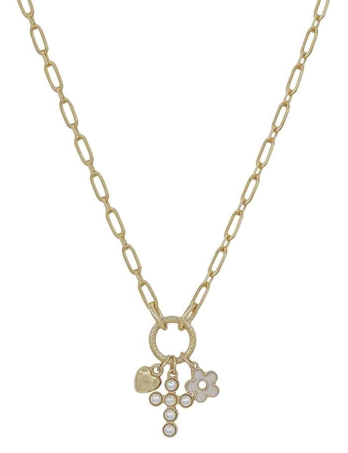Gold Chain with Cross, Heart, and Flower Charms