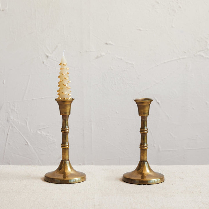 Embossed Aluminum Taper Holders, Antique Brass Finish, Set of 2