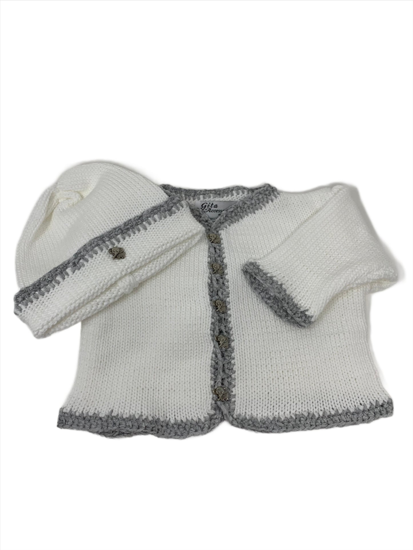 Hand Knit White and Grey Sweater and Hat