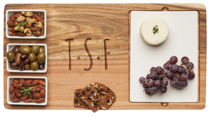 Fete Set Tray 18x10" Acacia Wood with 3 ceramic dishes and 1 ceramic tray