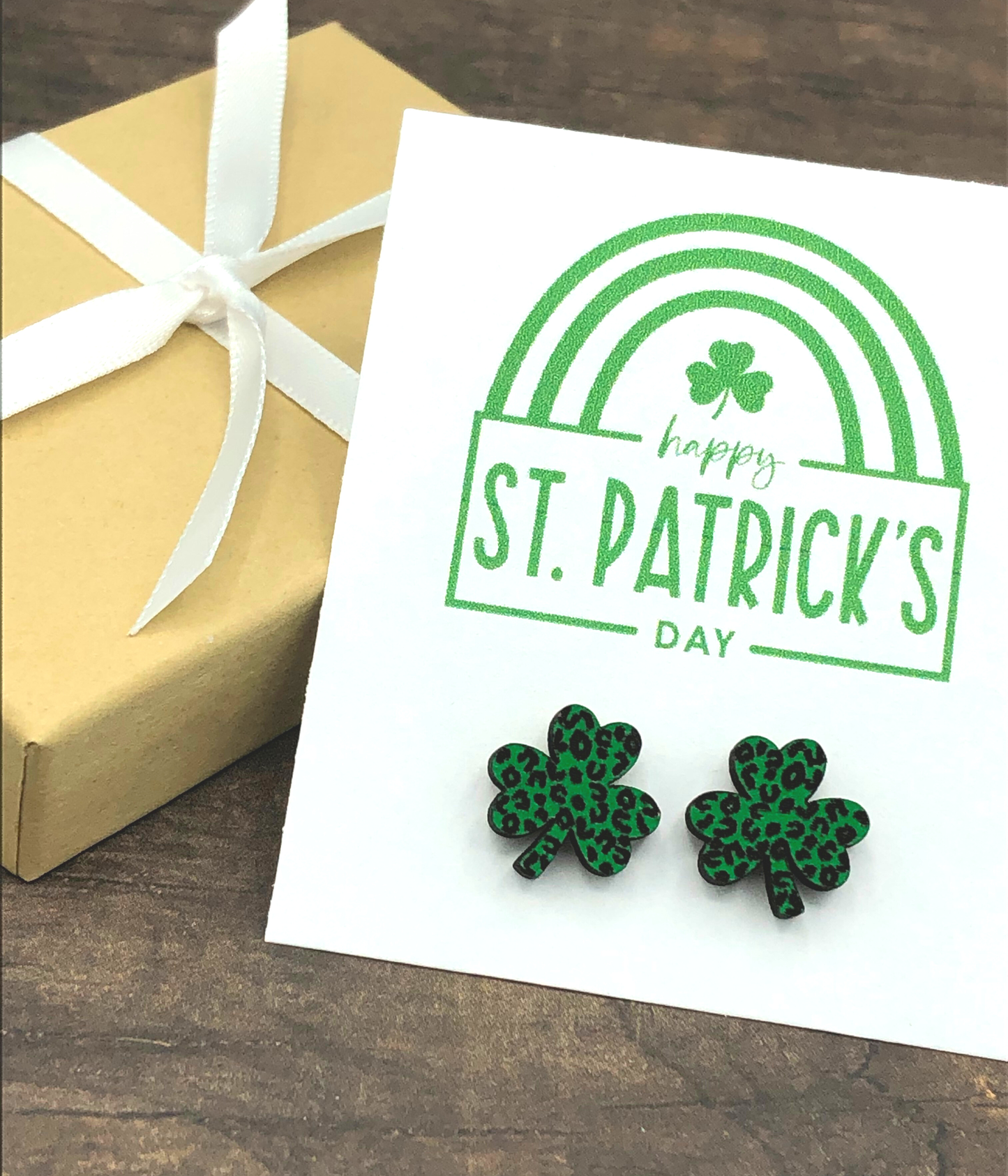 Green Leopard Shamrock Earrings Ready to Gift