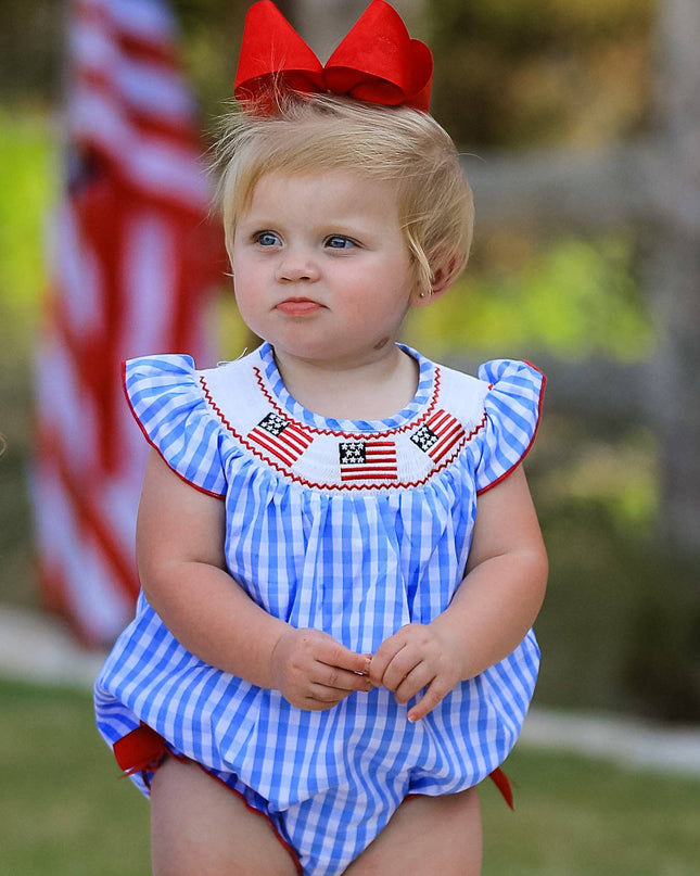 4th of july Flag Embroidery Smocking Girls Romper