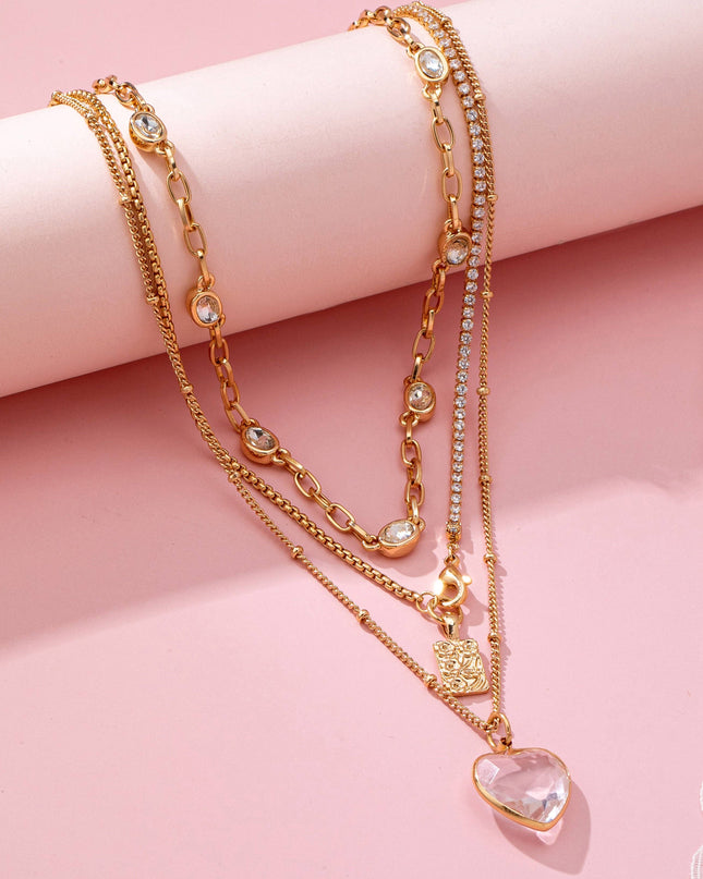 Multi Layered Rhinestone Heart Charm Necklace