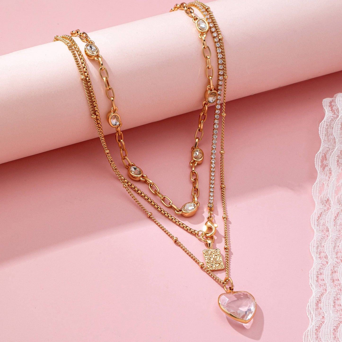 Multi Layered Rhinestone Heart Charm Necklace