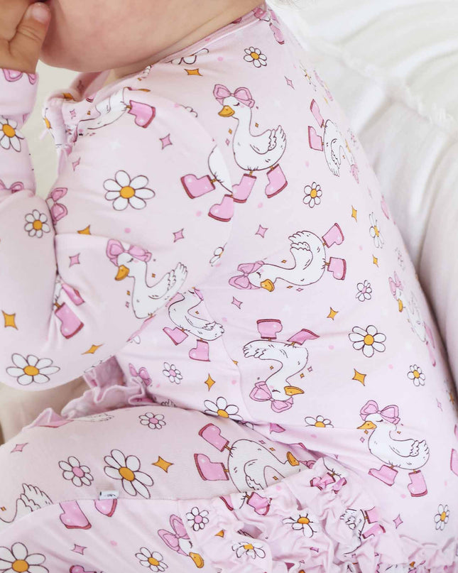 Silly Goose Ruffle Zipper Footie | Pink