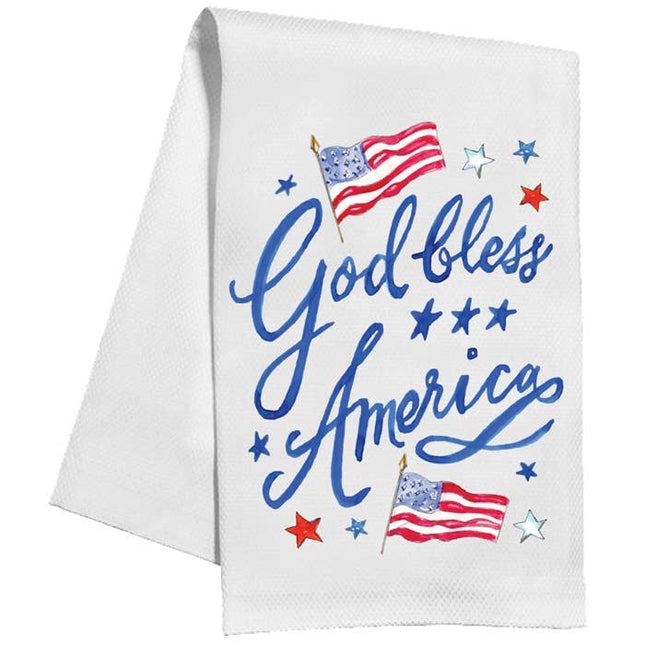 Handpainted God Bless America Flags and Stars Kitchen Towel