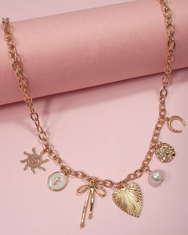 SUN BOW PEARL CROSS DISC  CHARM NECKLACE