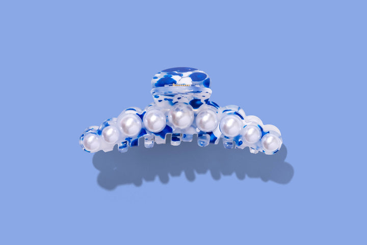 Claw Hair Clip - Blue + White Fluid w/ Pearl Beads