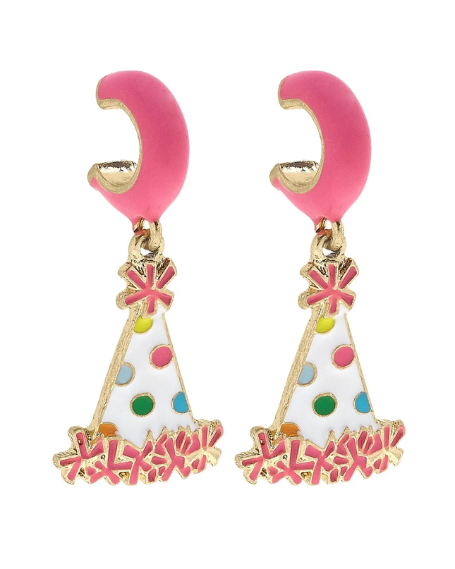 Polka Dot Enamel Party Hat Huggie Hoop Earrings