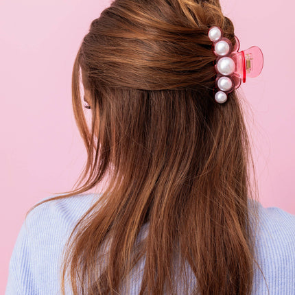 Claw Hair Clip - Translucent Pink w/ Pearl Beads