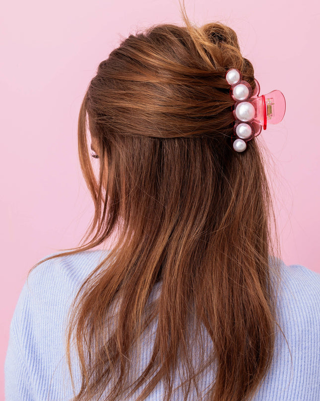 Claw Hair Clip - Translucent Pink w/ Pearl Beads