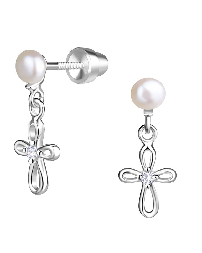 Sterling Silver Pearl Cross Baptism/First Communion Earrings