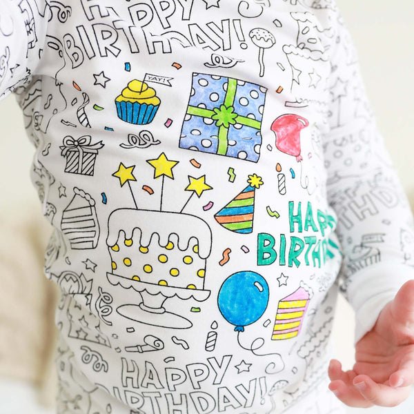 Colorable Two Piece Pajama Set | Birthday Celebration with Markers