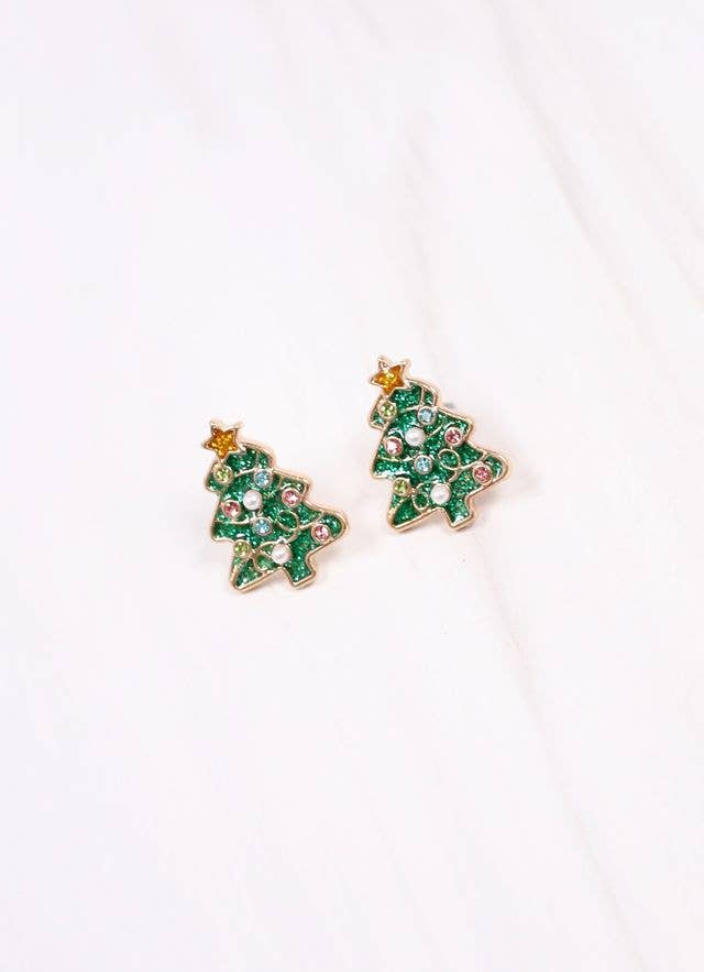 Frost Embellished Tree Stud Earring GREEN