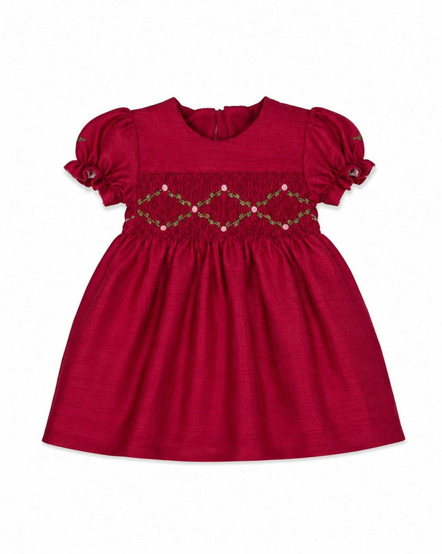 Floral Smocked Silk Red Short Sleeve Baby Girl Dress
