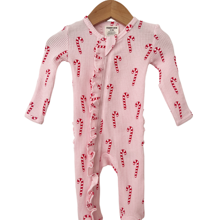 Waffle Ruffle Zip Footie - Pink Candy Cane