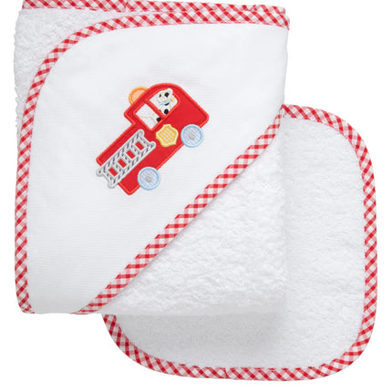 Fire Truck Applique Hooded Towel and Washcloth Set