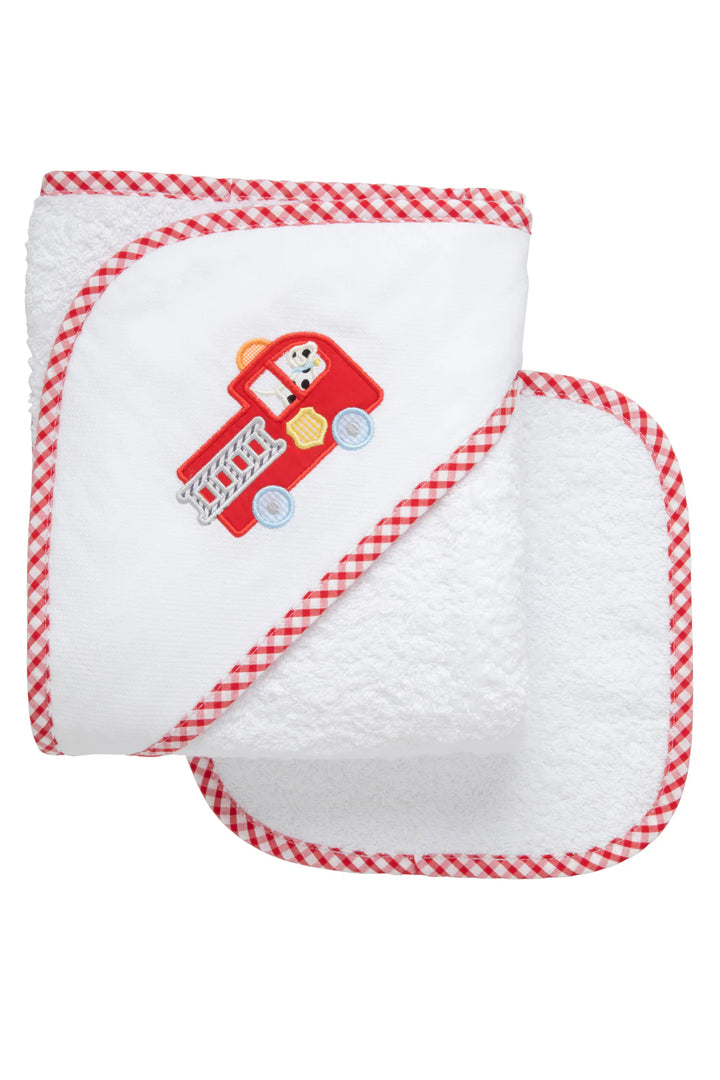 Fire Truck Applique hooded Towel and Washcloth