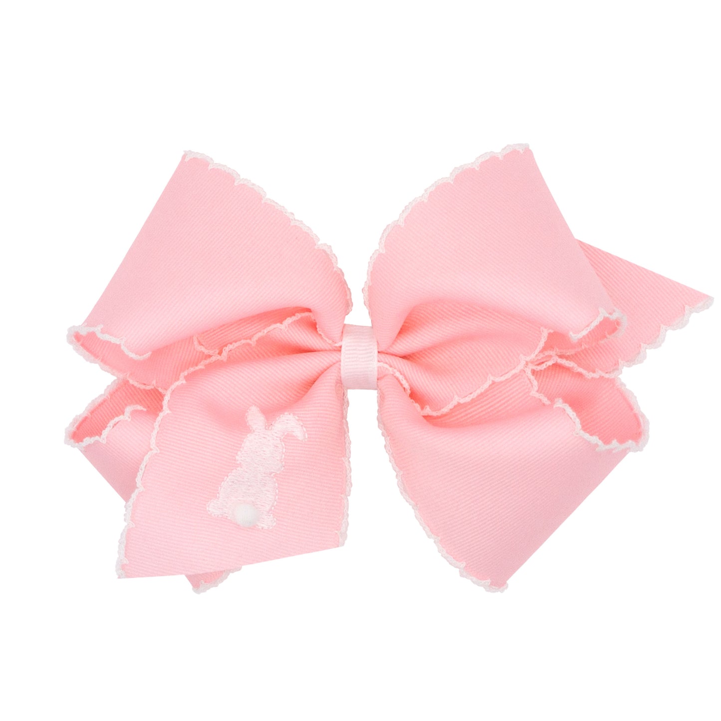 King White Grosgrain Girls Hair Bow with Moonstitch Edge and Easter Embroidery White BUNNY