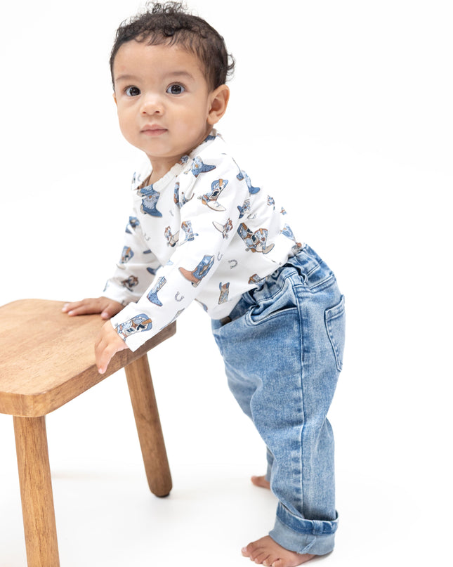 Angel Dear Old School Blue Stretch Denim Adjustable Pants