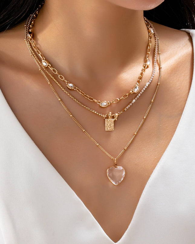 Multi Layered Rhinestone Heart Charm Necklace