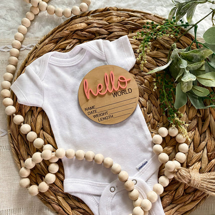 Hello World Birth Stat Announcement Wood Disc - Layered 3D