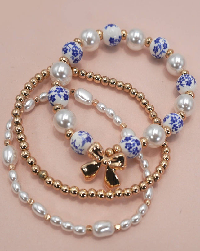 Blue Ceramic Bow Multi Layer Bracelet