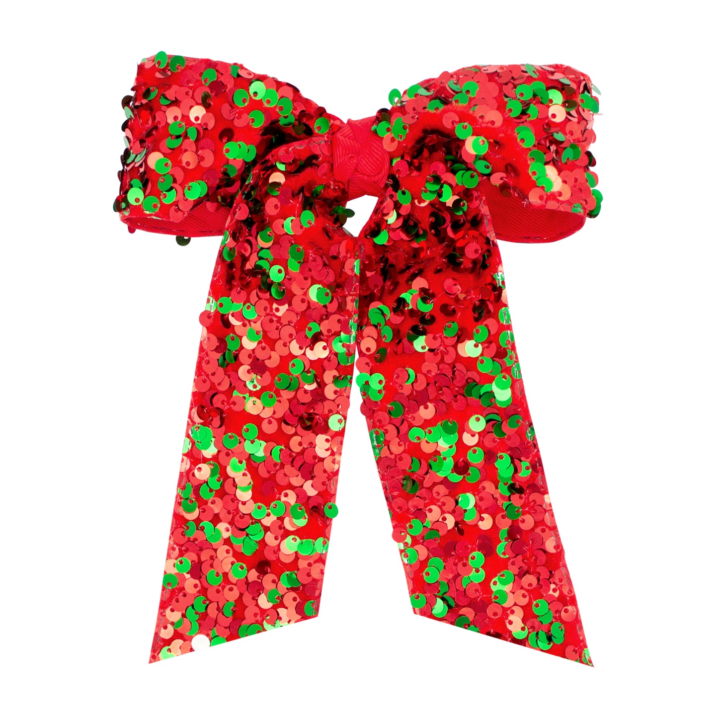 King Red and Green Velvet Sequin Two-loop Hair Bow with Long Front Tails and Knot Wrap