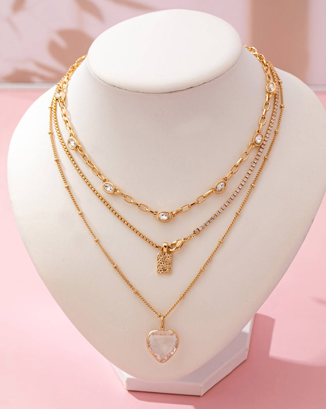 Multi Layered Rhinestone Heart Charm Necklace