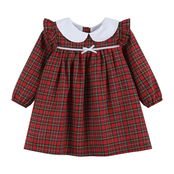 Red Christmas Plaid Colllared Ruffle Dress