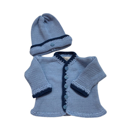 Hand knit blue cardigan and hat with navy trim — luxury baby clothing gift