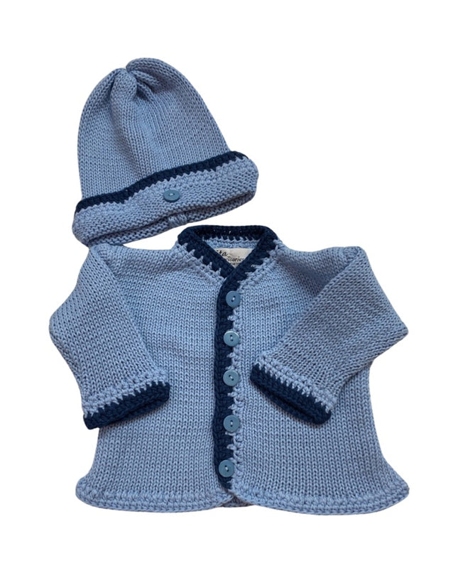 Hand knit blue cardigan and hat with navy trim — luxury baby clothing gift
