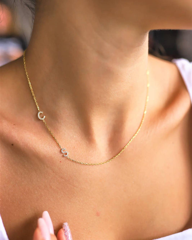 Pave Initial Necklace, CZ Initial Necklace, Sideways Initial
