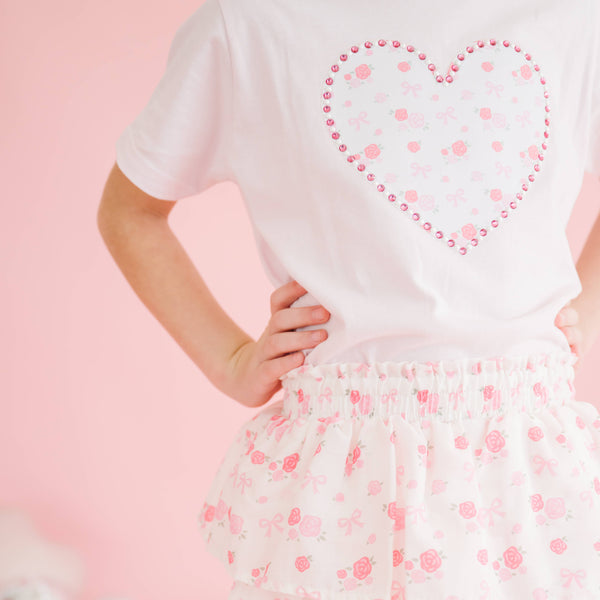 Dainty Rose Pearl Heart Patch Short Sleeve T-Shirt