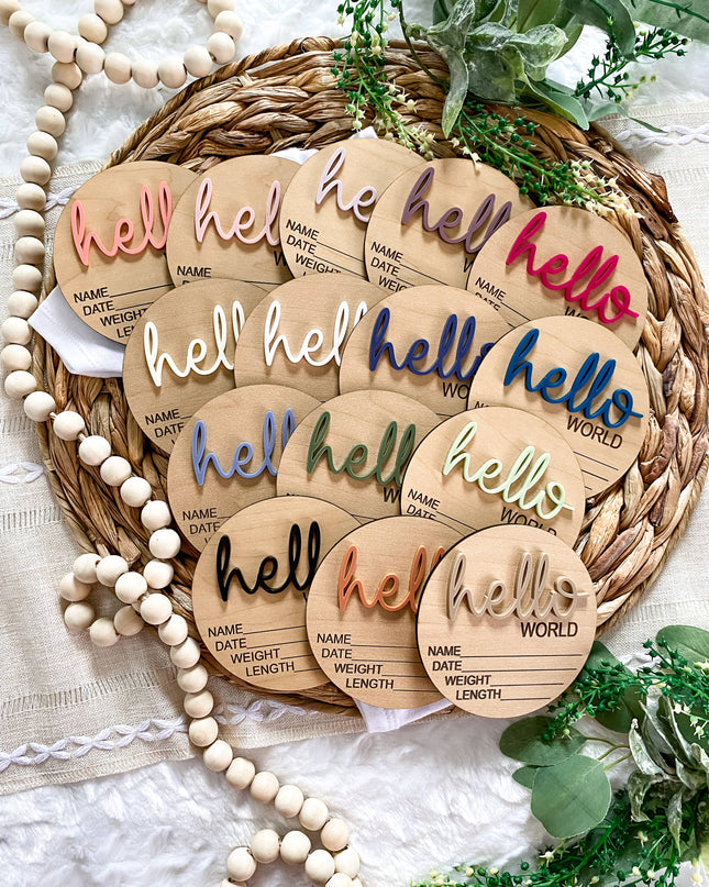 Hello World Birth Stat Announcement Wood Disc - Layered 3D