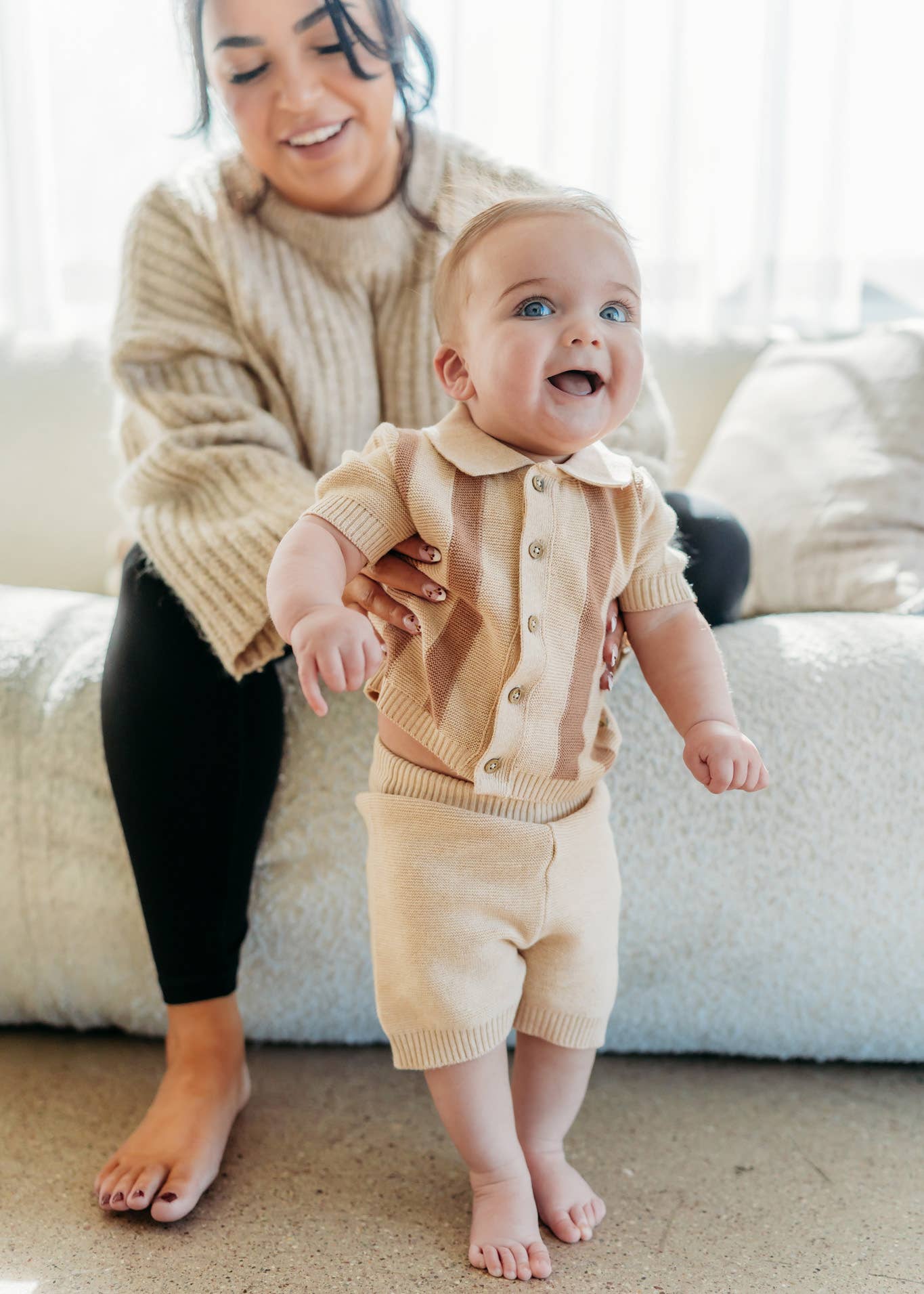 Tennis Collar & Stripe Knit Top & Shorts Set