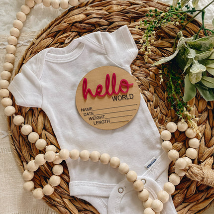 Hello World Birth Stat Announcement Wood Disc - Layered 3D