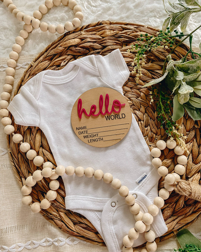 Hello World Birth Stat Announcement Wood Disc - Layered 3D