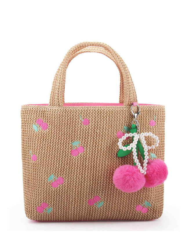 Cherry Patched Straw Mini Tote Bag with Charm