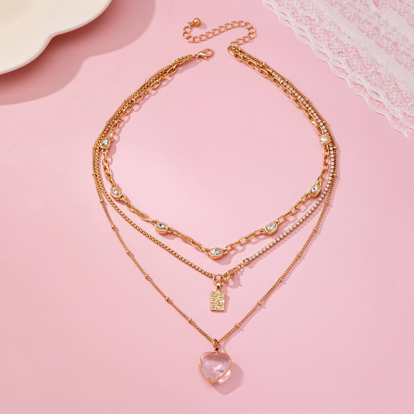 Multi Layered Rhinestone Heart Charm Necklace