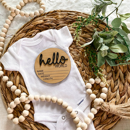 Hello World Birth Stat Announcement Wood Disc - Layered 3D