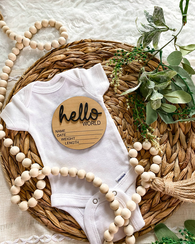 Hello World Birth Stat Announcement Wood Disc - Layered 3D