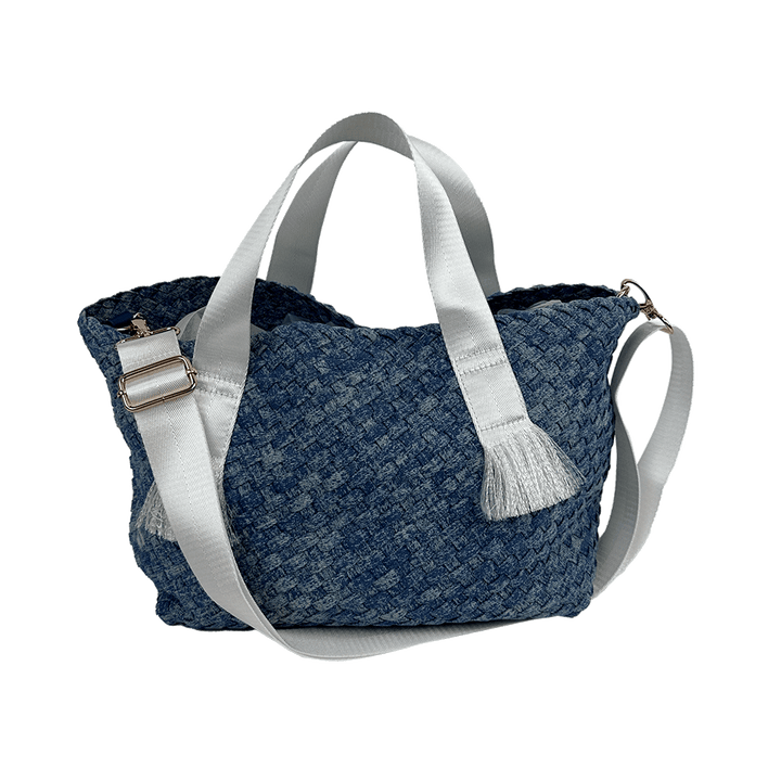 Daria Large Woven Denim Tote w/ Contrast Handles w/ Crossbody Strap