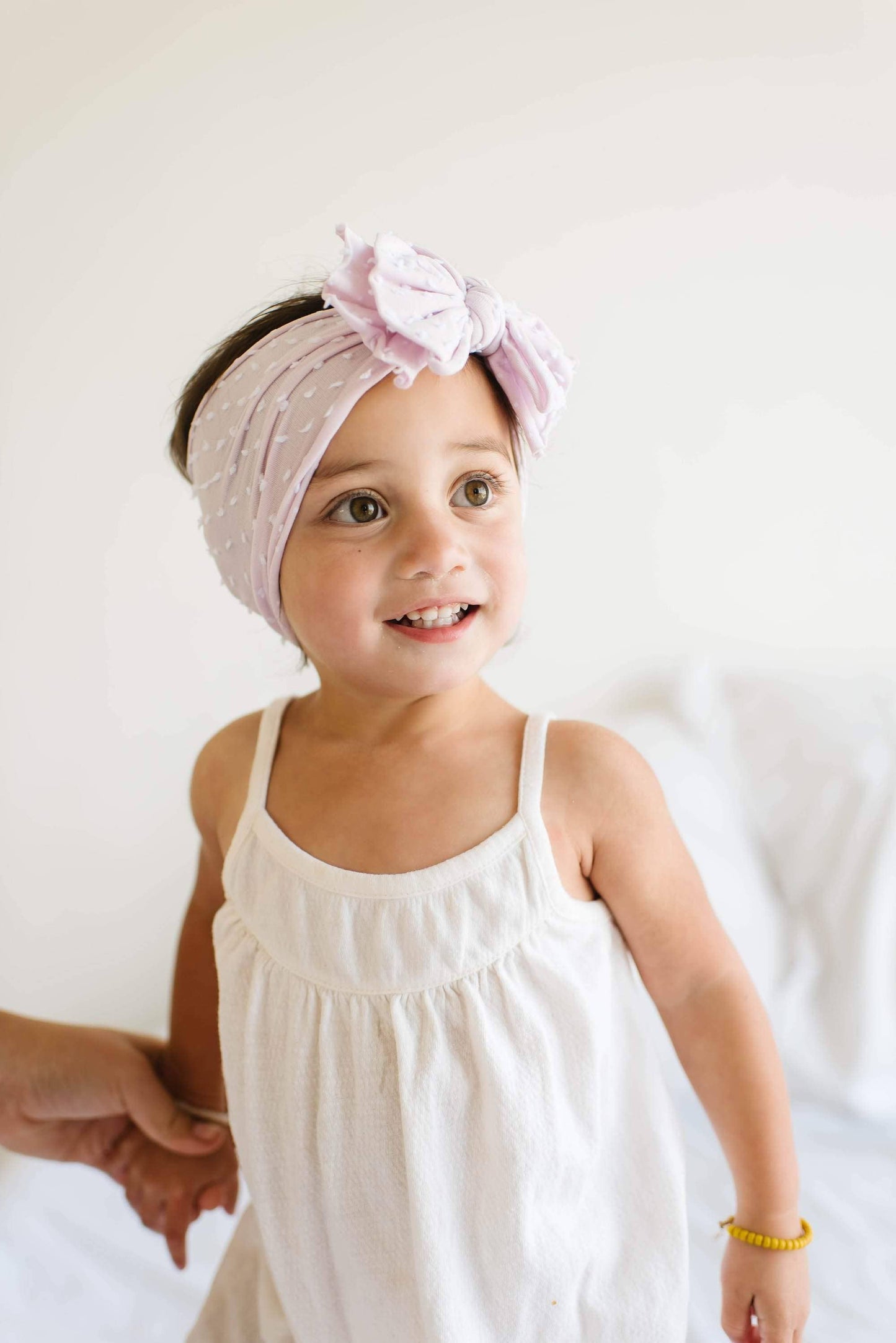 Shabby Dot FAB® nylon bow headband: Thistle/ White Dot